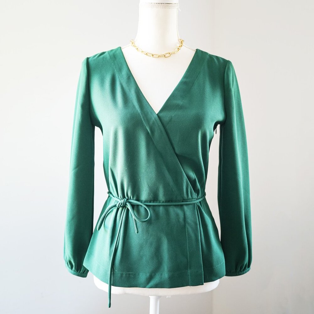 J.Crew | Emerald Green Faux Wrap Shirt Size 0